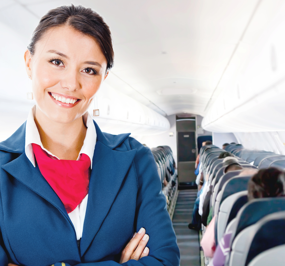 Flight attendant on an airplane promoting language training services for flight attendants