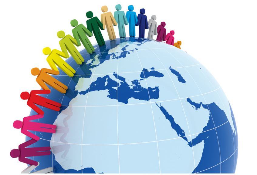 A diverse group of colorful figures holding hands and circling the globe, symbolizing cross-cultural collaboration