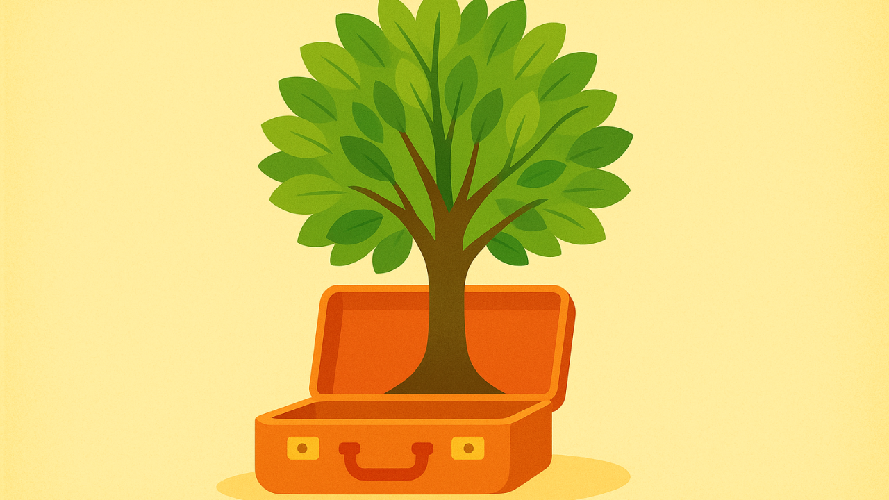 Graphic illustration of a tree planted inside of a suitcase